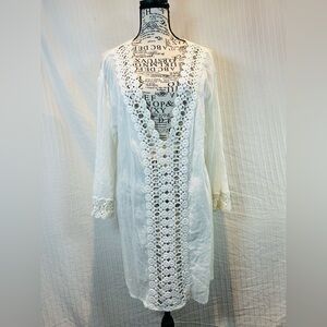 La Blanca Sz L White Cotton Crochet Trim Beach Cover-Up